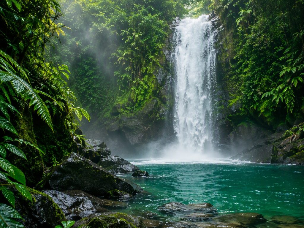 Adventure trail through dense green rainforest in Costa Rica