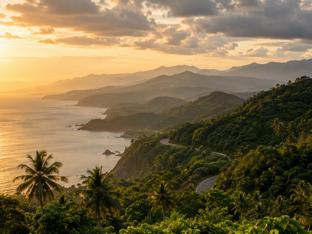 Costa Rican Pacific coastline with rainforest hills meeting the ocean