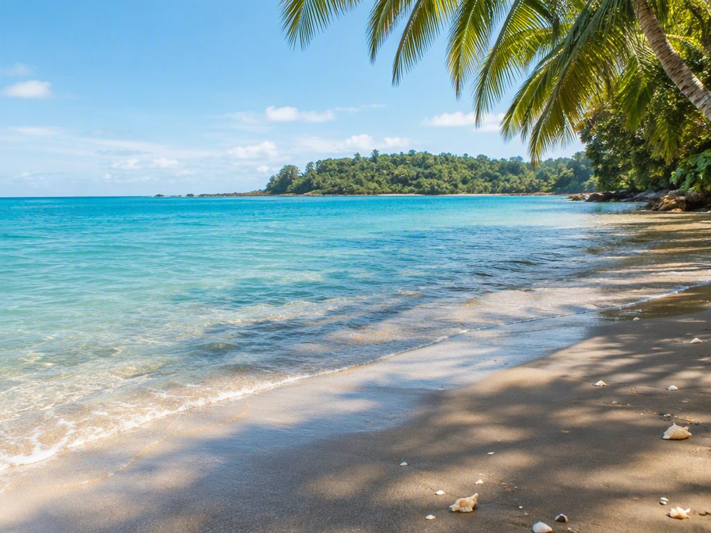 Calm tropical beach in Costa Rica with gentle surf and palm shade
