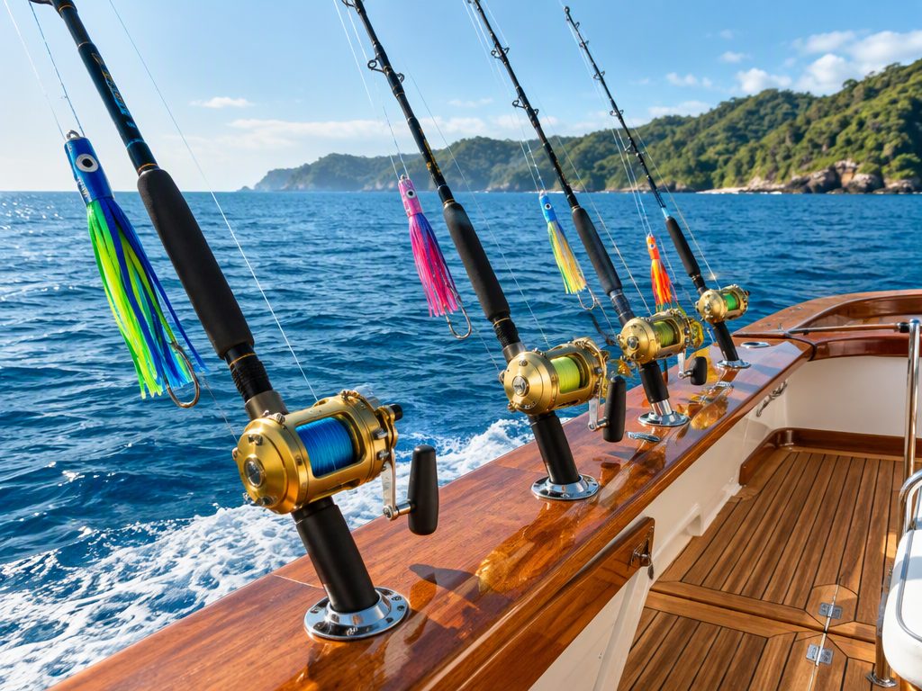 Sport fishing rods and trolling lures rigged on a boat deck off Costa Rica