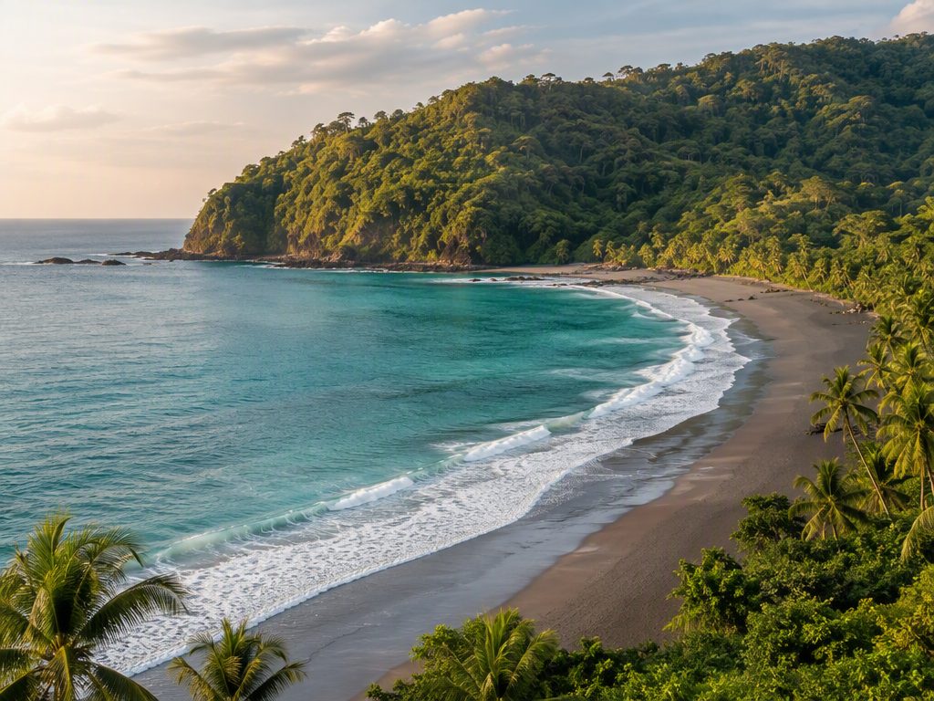 Pacific coastline near Jacó, Costa Rica with dark sand beach and jungle hillside