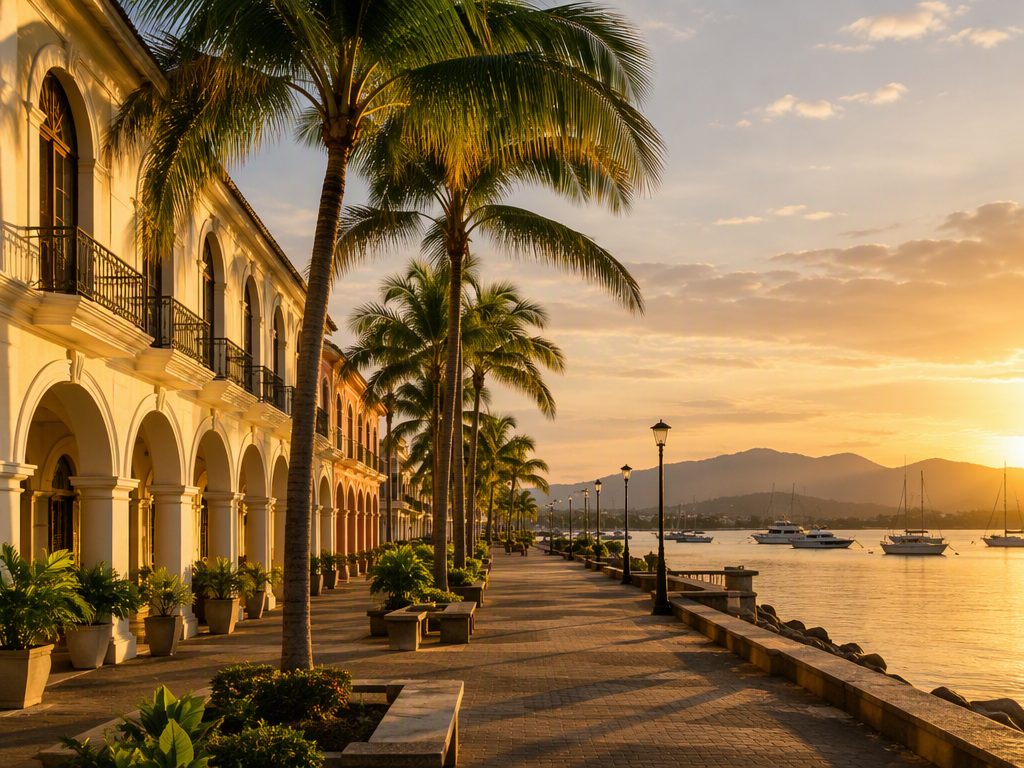 Yachts moored at a luxury marina in Costa Rica at sunset