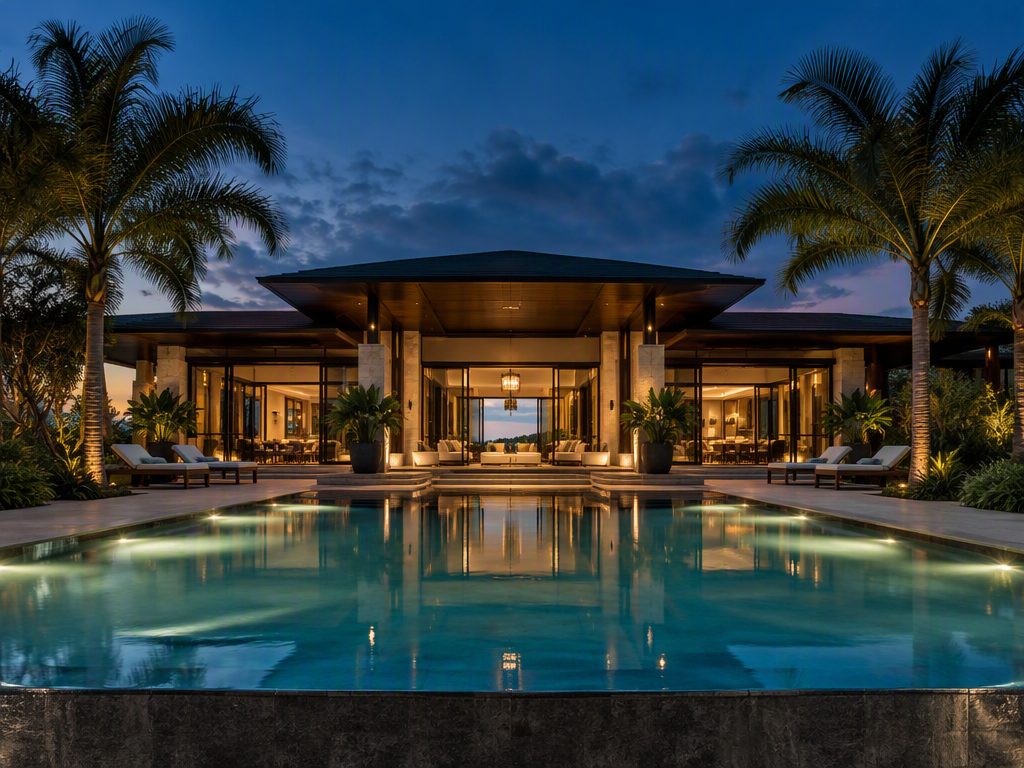 Luxury Costa Rican villa with illuminated infinity pool at blue hour