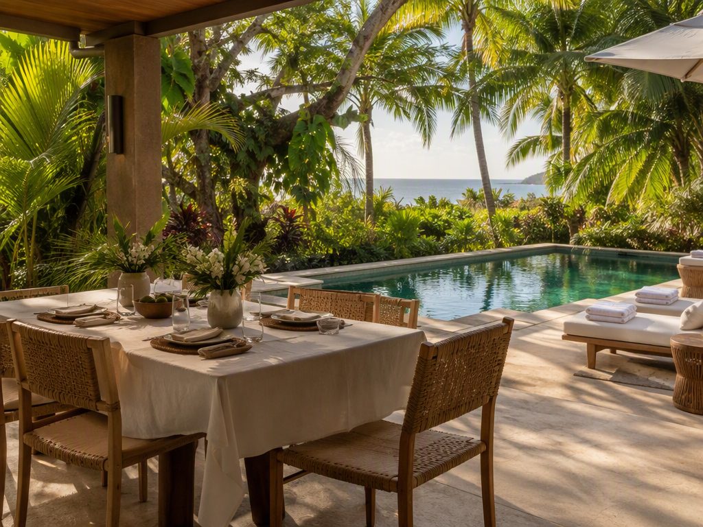 Outdoor dining table set on a Costa Rican villa terrace overlooking tropical gardens