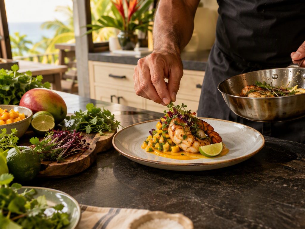 Private chef preparing dinner in a Costa Rican villa kitchen