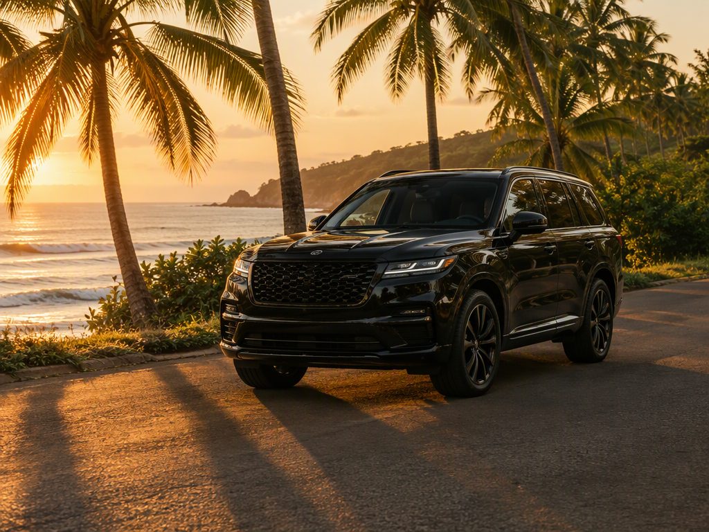 Premium black SUV on a coastal road in Costa Rica at golden hour