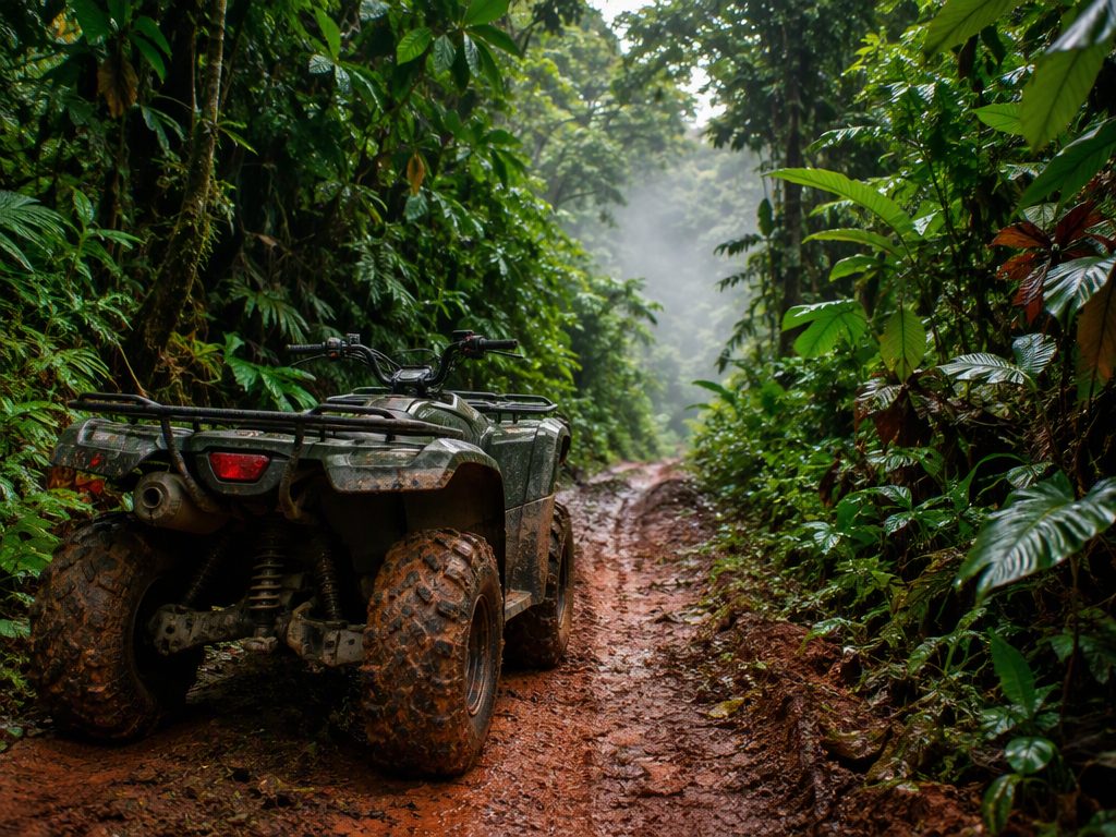 All-terrain vehicle on a red dirt trail through dense Costa Rican jungle