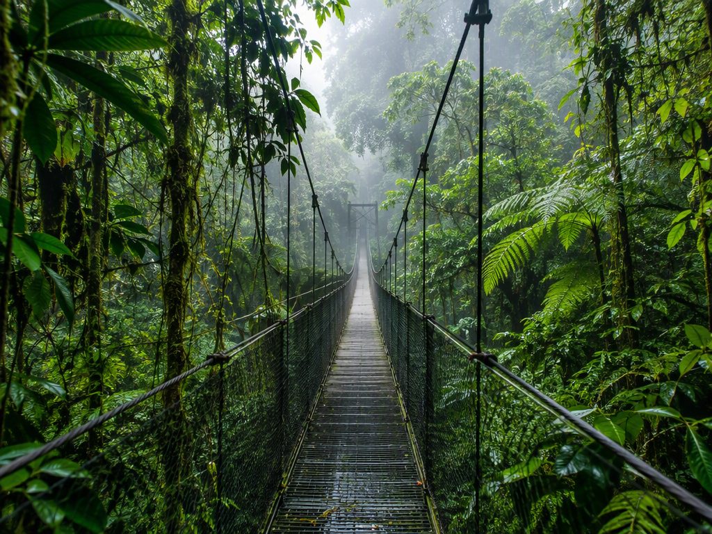 Suspension bridge through a lush Costa Rican cloud forest