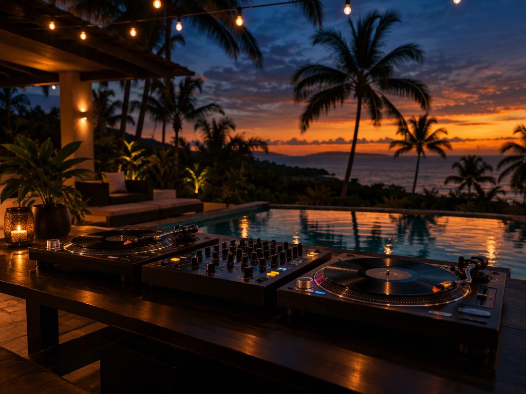 DJ setup on a villa terrace at twilight in Costa Rica