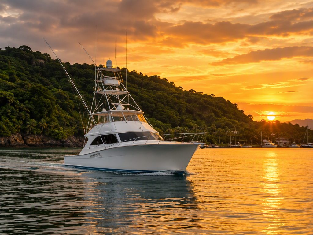 Sport fishing yacht leaving a tropical marina at sunrise in Costa Rica