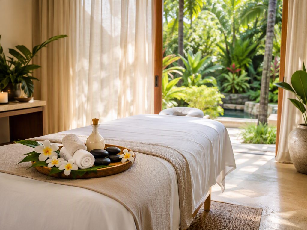 In-villa spa setting in Costa Rica with massage table, linens and frangipani flowers