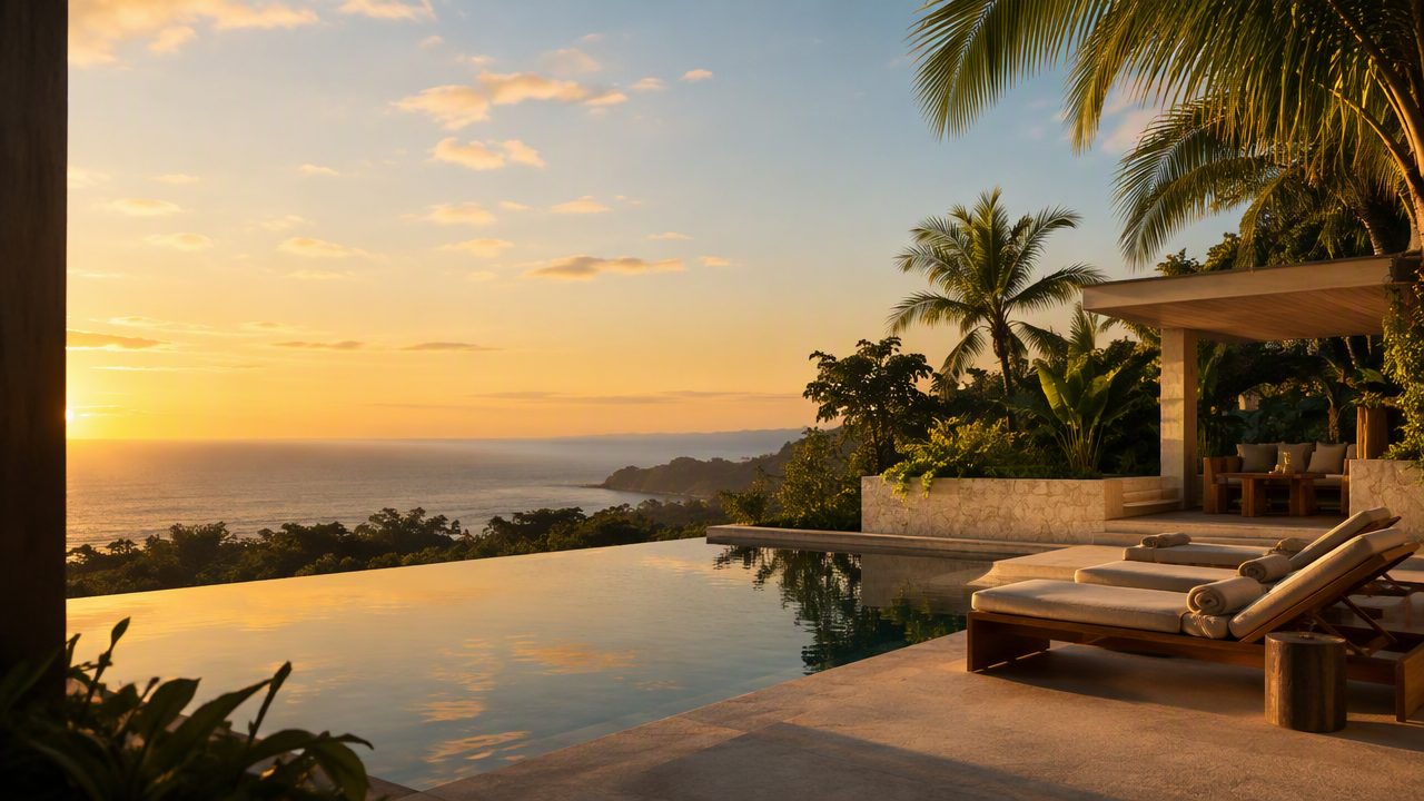 Luxury Costa Rican villa terrace and infinity pool overlooking the Pacific Ocean
