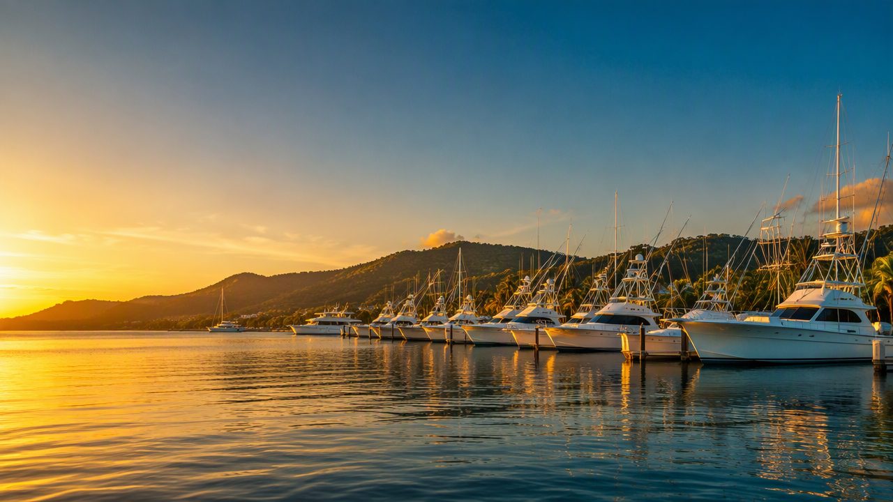 Tropical marina in Los Sueños, Costa Rica with sport fishing yachts at golden hour