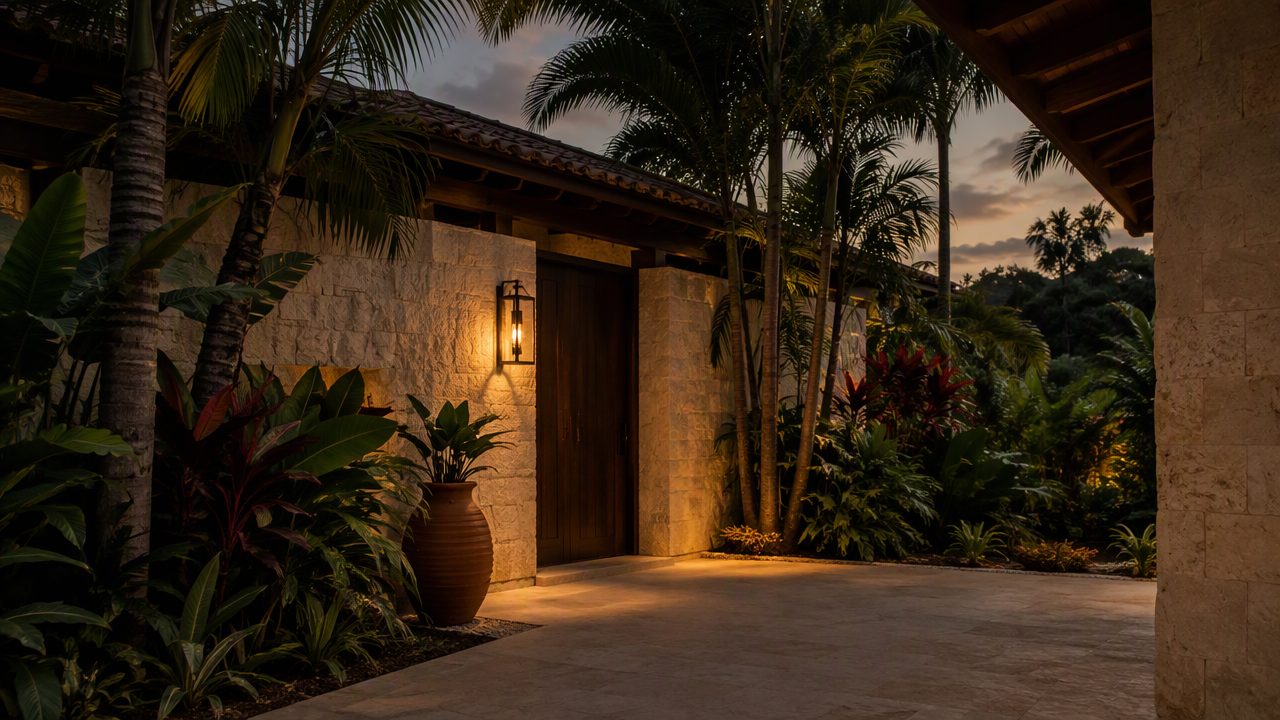 Private villa courtyard in Costa Rica lit at dusk with tropical planting